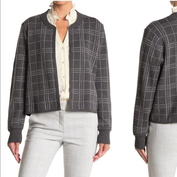 Vince Camuto Windowpane Open Front Knit Cardigan Sweater Gray NEW - Picture 2 of 9